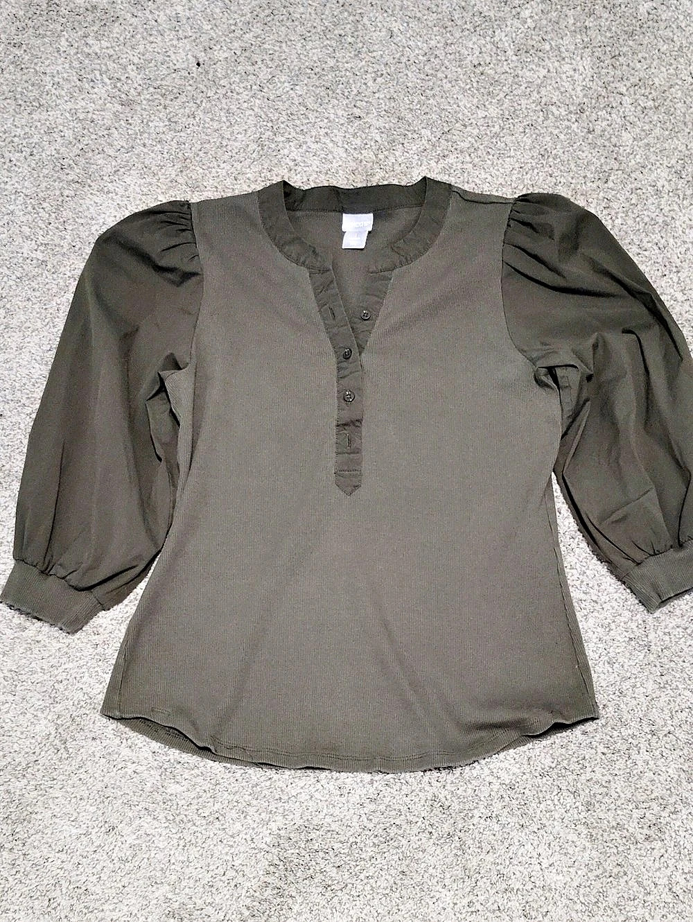 Chico's Knit Woven Mix Rib Henley Blouse Green Size 1